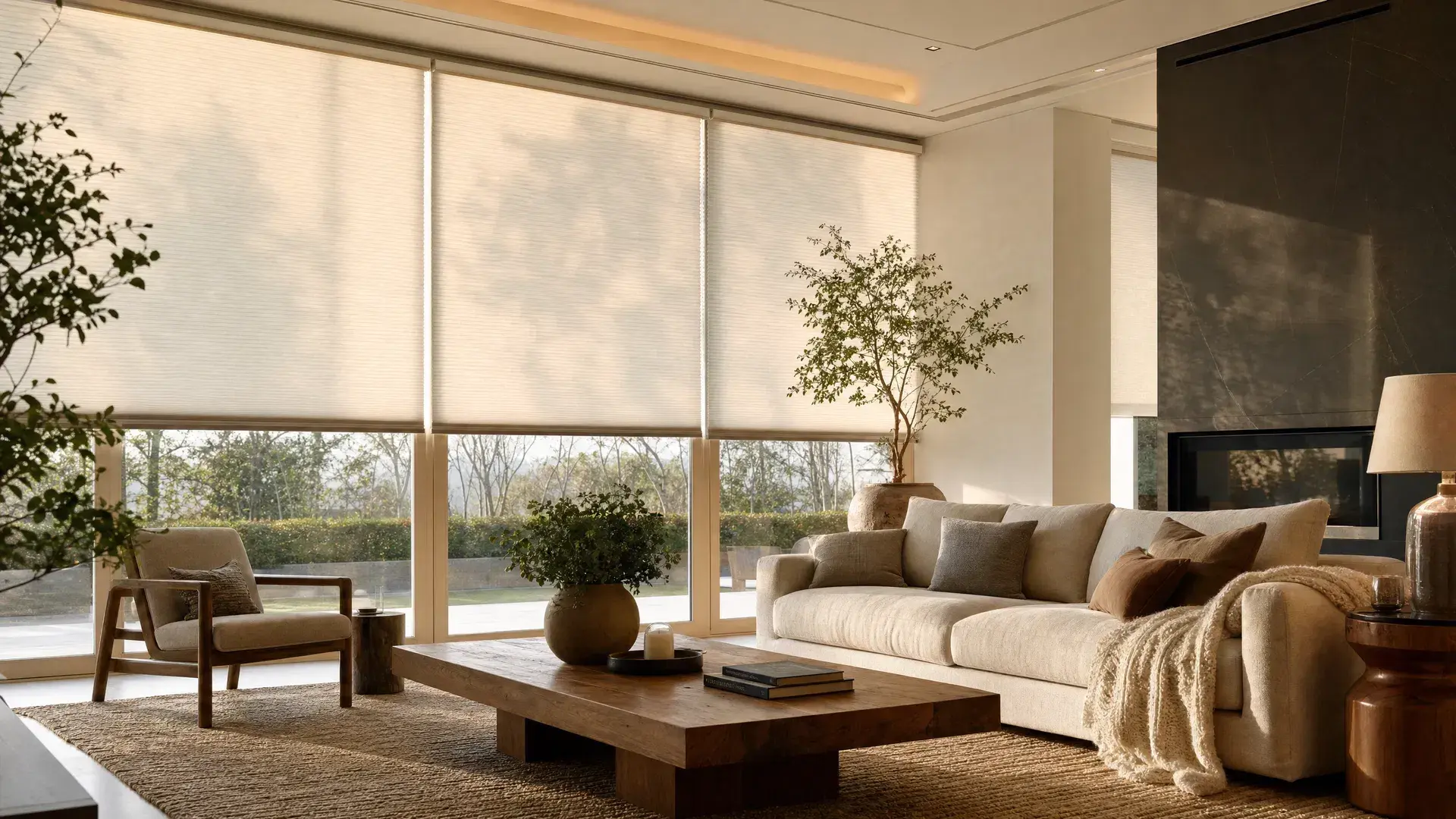 Elegant living room with custom window treatments